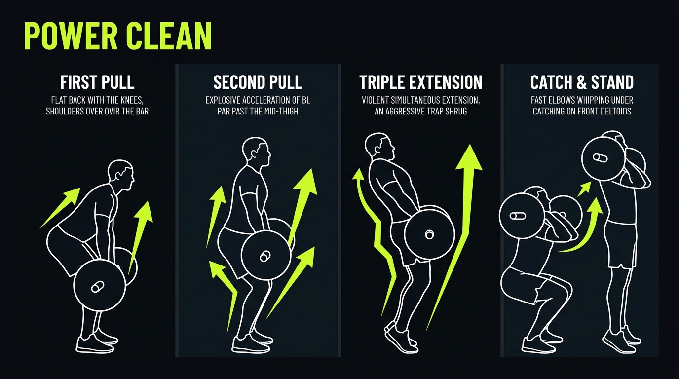 Power clean technique breakdown: first pull from floor, second pull acceleration, explosive triple extension, and clean front deltoid catch