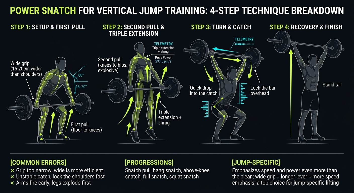 Power Snatch 4-step technique breakdown: setup, execution, peak extension, and recovery for vertical jump training