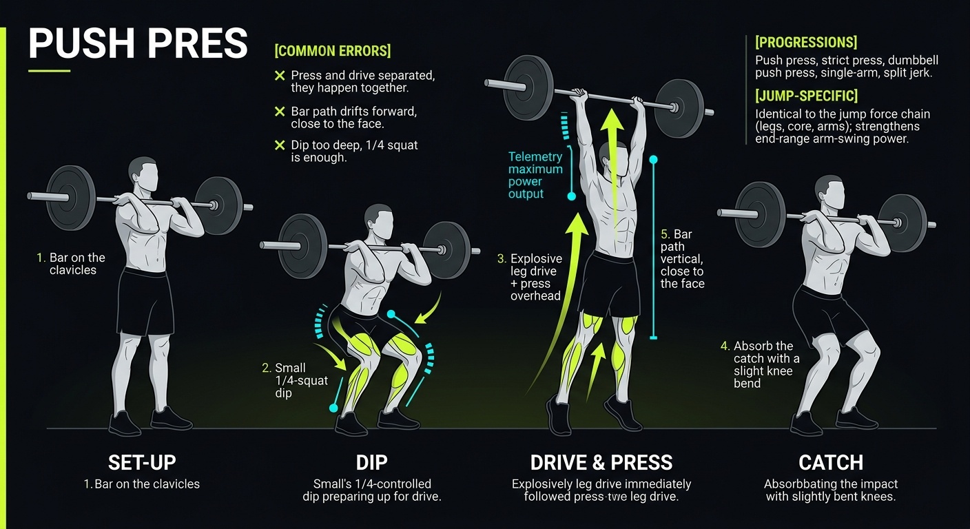 Push Press 4-step technique breakdown: setup, execution, peak extension, and recovery for vertical jump training