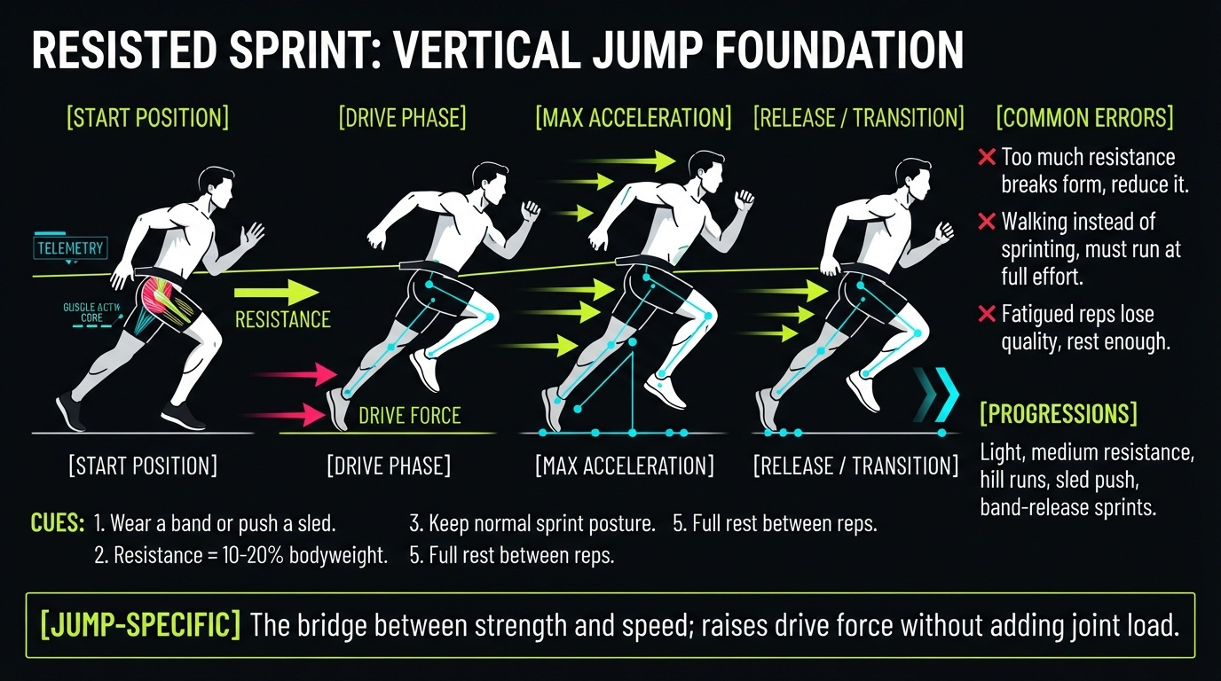 Resisted Sprint 4-step technique breakdown: setup, execution, peak extension, and recovery for vertical jump training