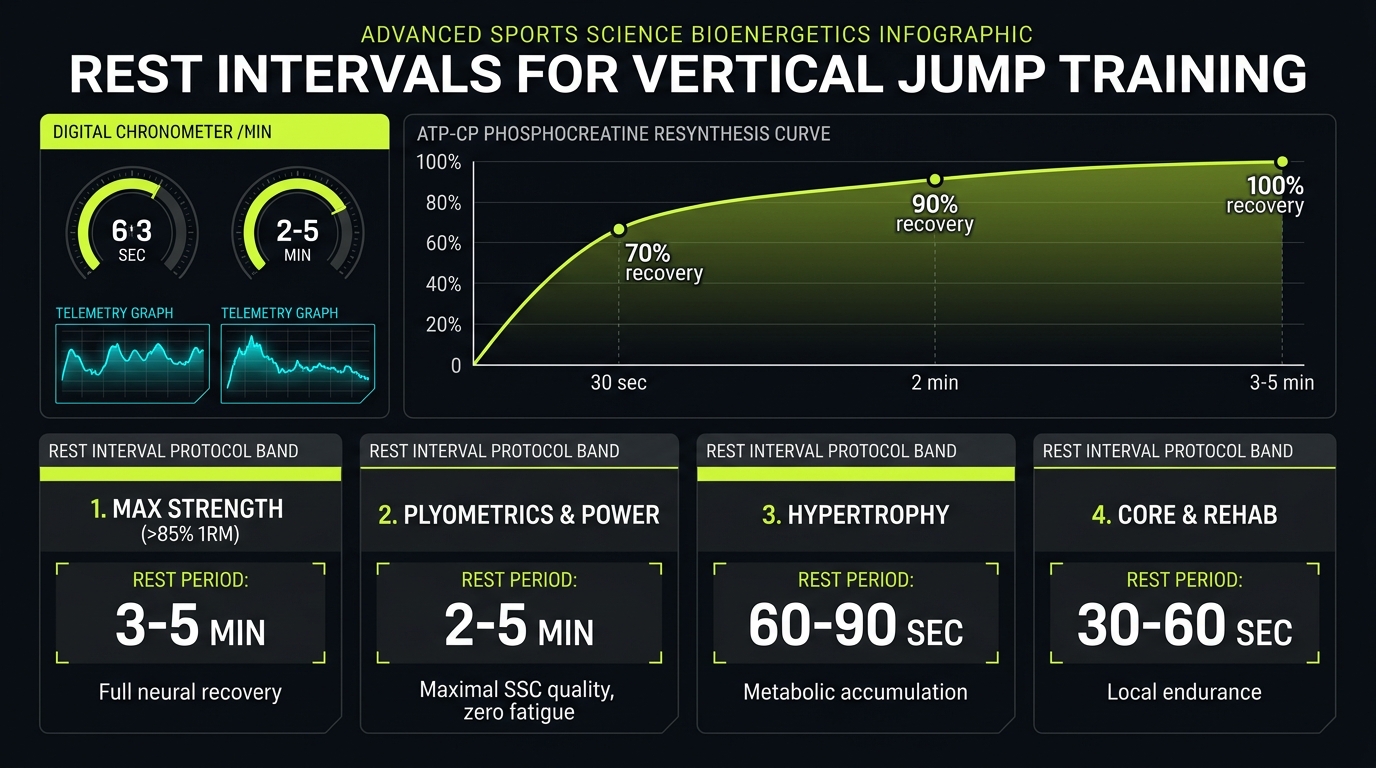 Rest intervals for jump training infographic showing ATP-CP phosphocreatine resynthesis curve and goal-specific rest bands for strength, plyometrics, and hypertrophy