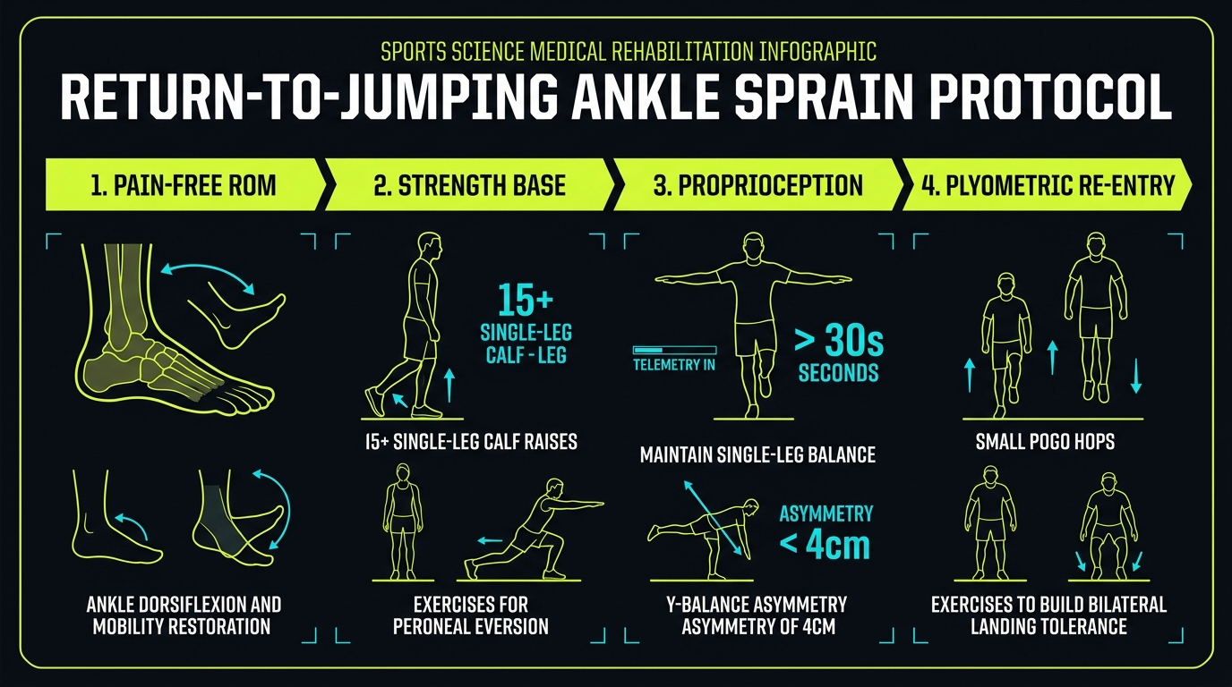 Return to jumping after lateral ankle sprain rehabilitation protocol: pain-free ROM, 15+ single-leg calf raises, proprioception balance over 30s, and staged plyometric re-entry