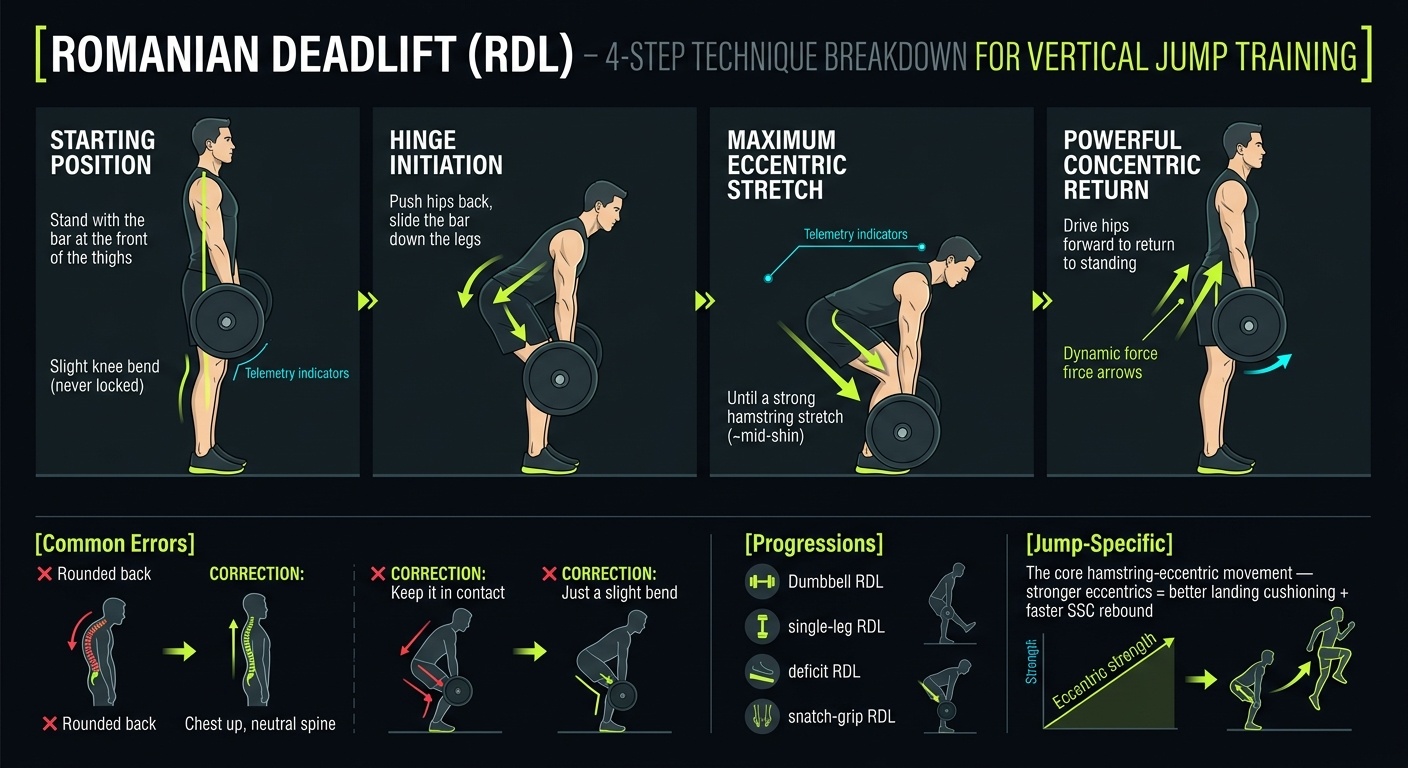Romanian Deadlift (RDL) 4-step technique breakdown: starting position, hinge initiation, maximum eccentric stretch, and powerful concentric return for vertical jump training