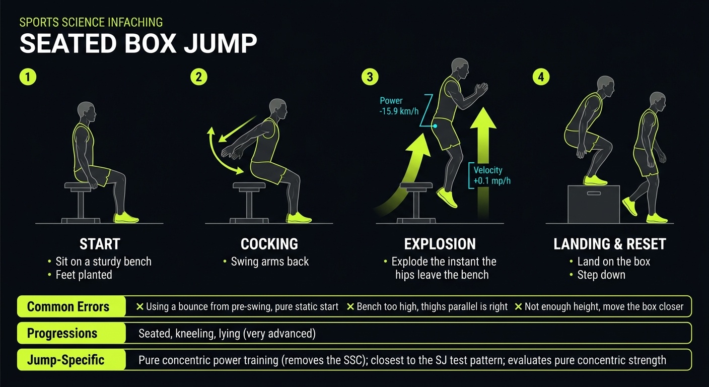Seated Box Jump 4-step technique breakdown: setup, execution, peak extension, and recovery for vertical jump training