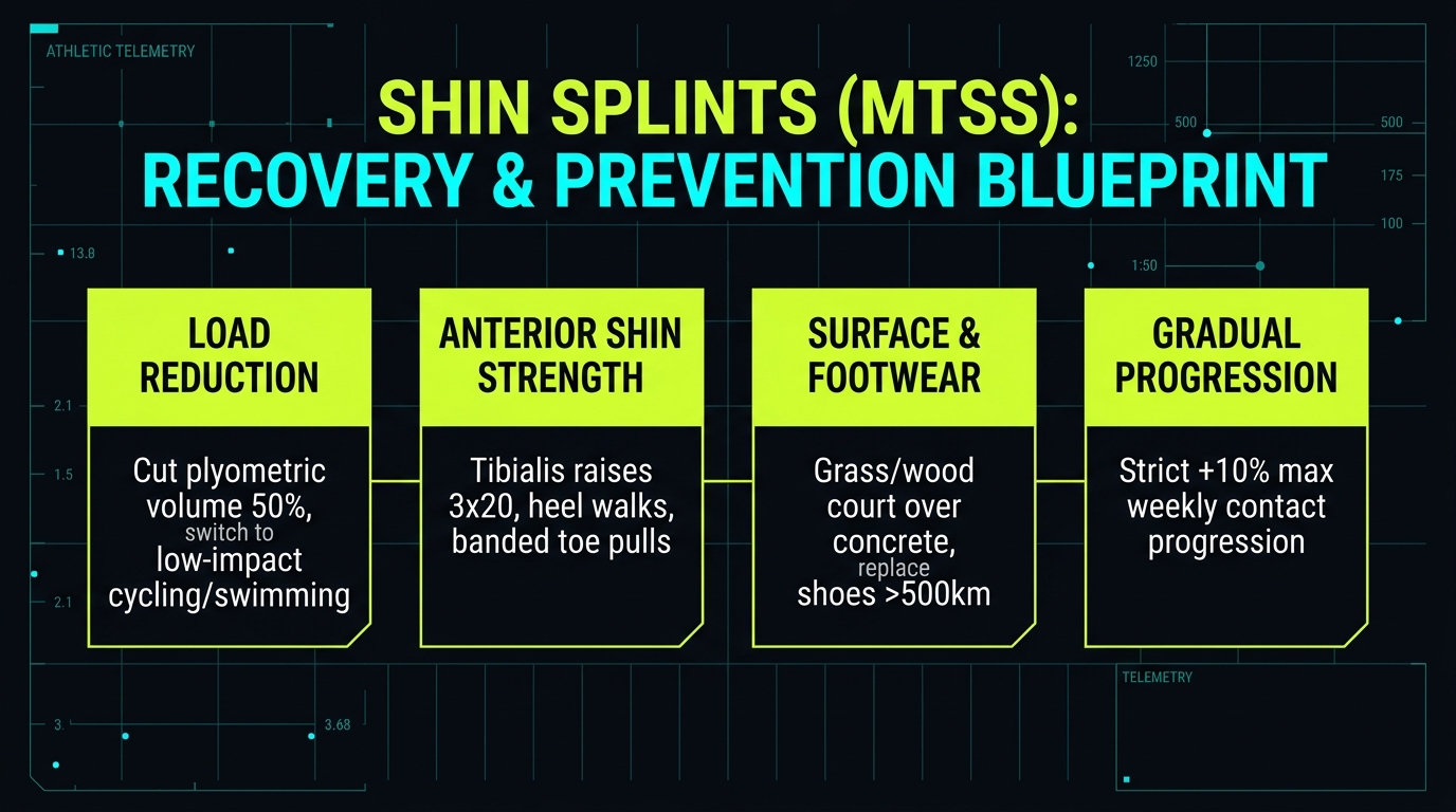 Shin splints recovery and prevention blueprint: load reduction, anterior tibialis strengthening, training surface optimization, and gradual contact progression