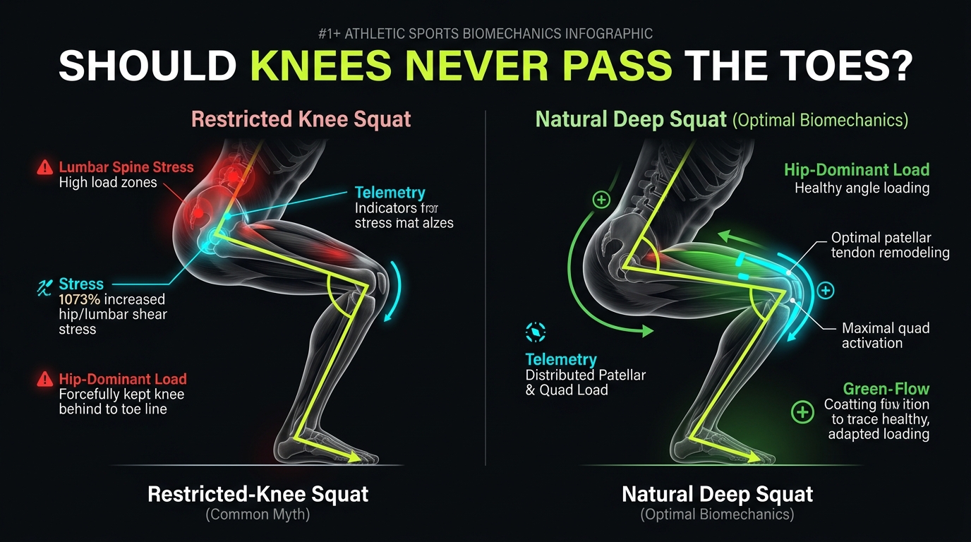 Knees over toes biomechanics infographic: comparing patellofemoral joint stress, ankle dorsiflexion angles, and lumbar spine shear forces during deep jumping squats