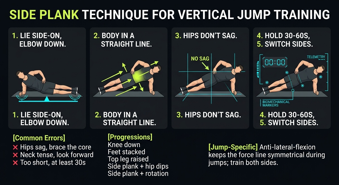 Side Plank 4-step technique breakdown: setup, execution, peak extension, and recovery for vertical jump training