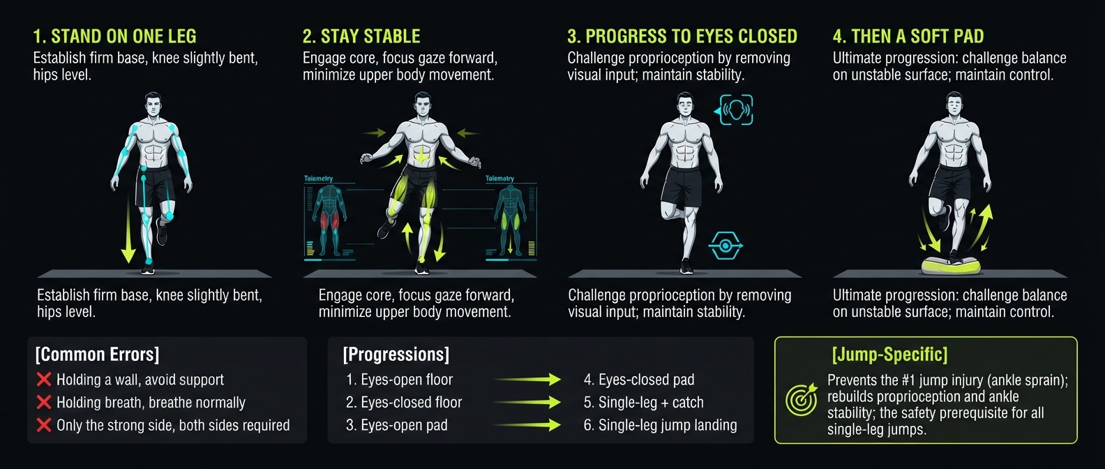Single Leg Balance 4-step technique breakdown: setup, execution, peak extension, and recovery for vertical jump training