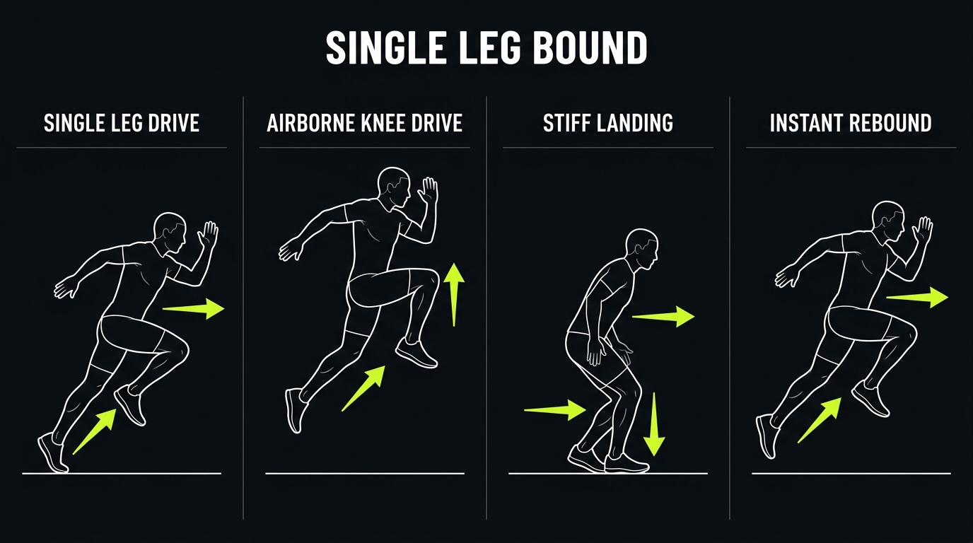 Single leg bound plyometric execution breakdown: explosive single leg drive, high airborne knee drive, pre-tensed stiff landing, and instant rebound