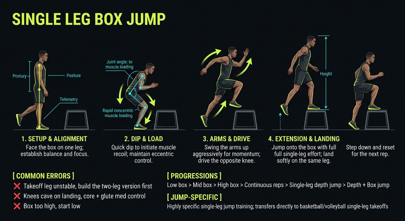 Single Leg Box Jump 4-step technique breakdown: setup, execution, peak extension, and recovery for vertical jump training