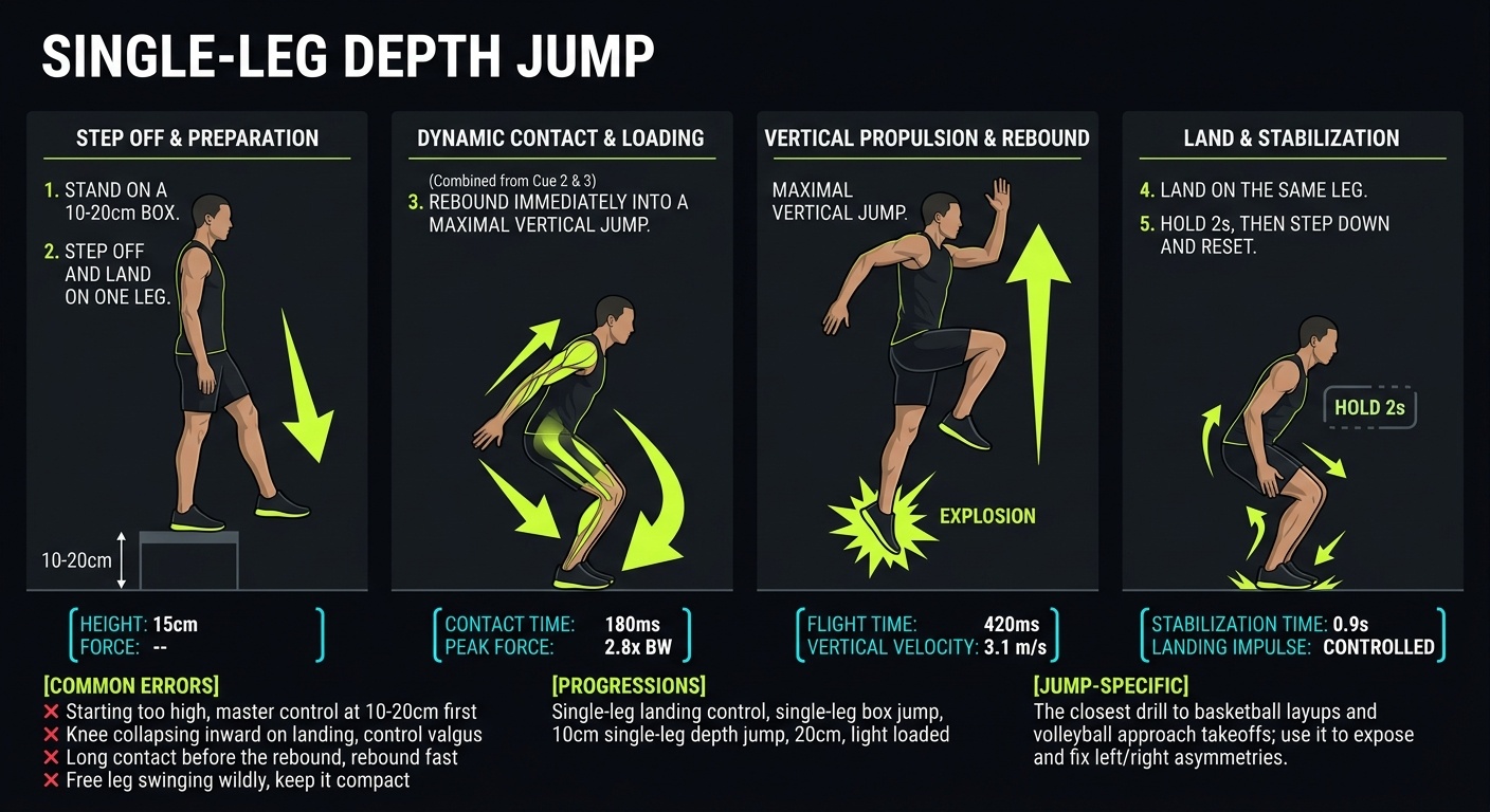 Single-Leg Depth Jump 4-step technique breakdown: setup, execution, peak extension, and recovery for vertical jump training