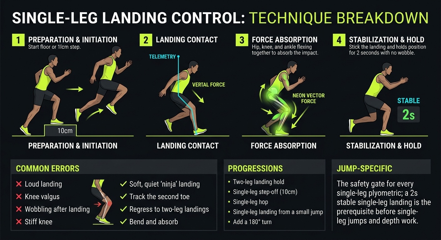 Single-Leg Landing Control 4-step technique breakdown: setup, execution, peak extension, and recovery for vertical jump training