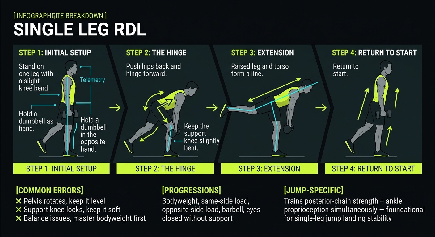 Single Leg RDL 4-step technique breakdown: setup, execution, peak extension, and recovery for vertical jump training