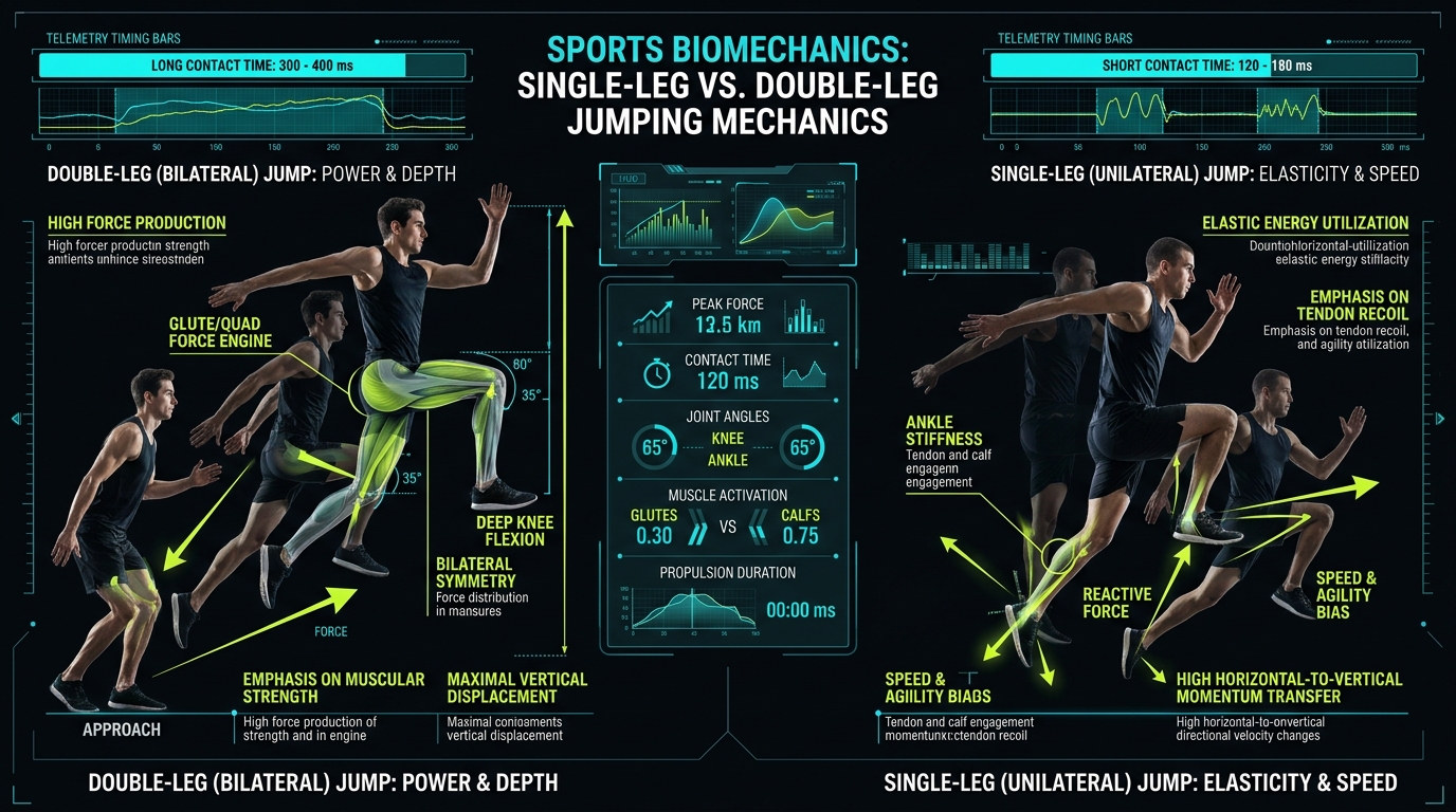 Single-leg versus double-leg jump biomechanics comparison infographic: ground contact time, joint angle contributions, and reactive tendon stiffness transfer