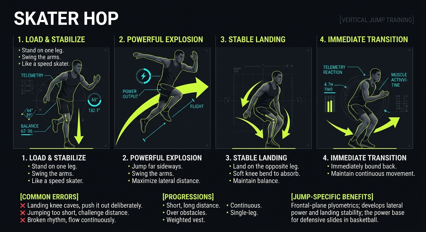 Skater Hop 4-step technique breakdown: setup, execution, peak extension, and recovery for vertical jump training