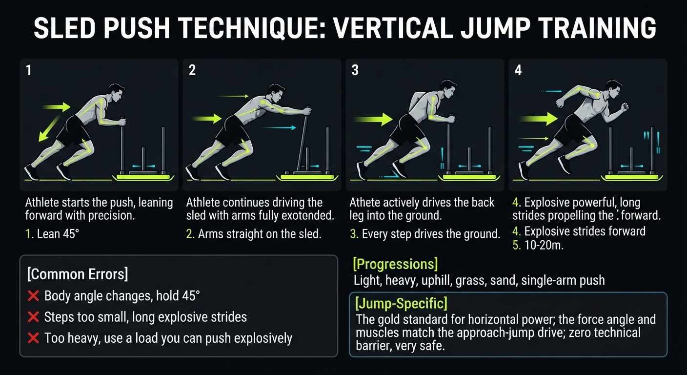 Sled Push 4-step technique breakdown: setup, execution, peak extension, and recovery for vertical jump training