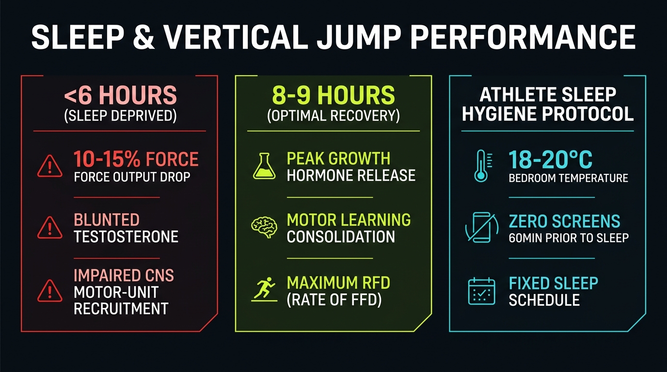 Sleep and vertical jump performance infographic comparing sleep deprivation under 6 hours versus optimal recovery 8-9 hours with athlete sleep hygiene protocol