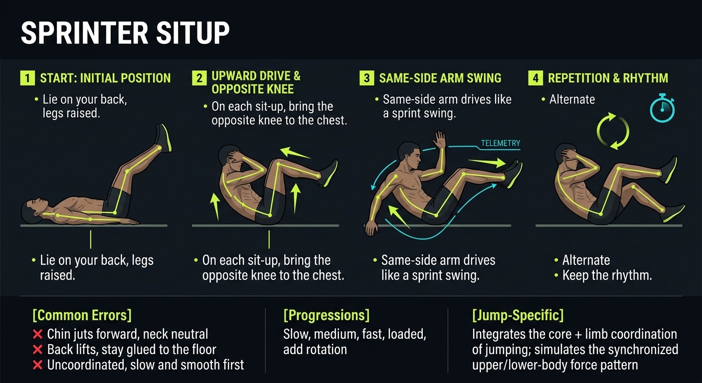 Sprinter Situp 4-step technique breakdown: setup, execution, peak extension, and recovery for vertical jump training