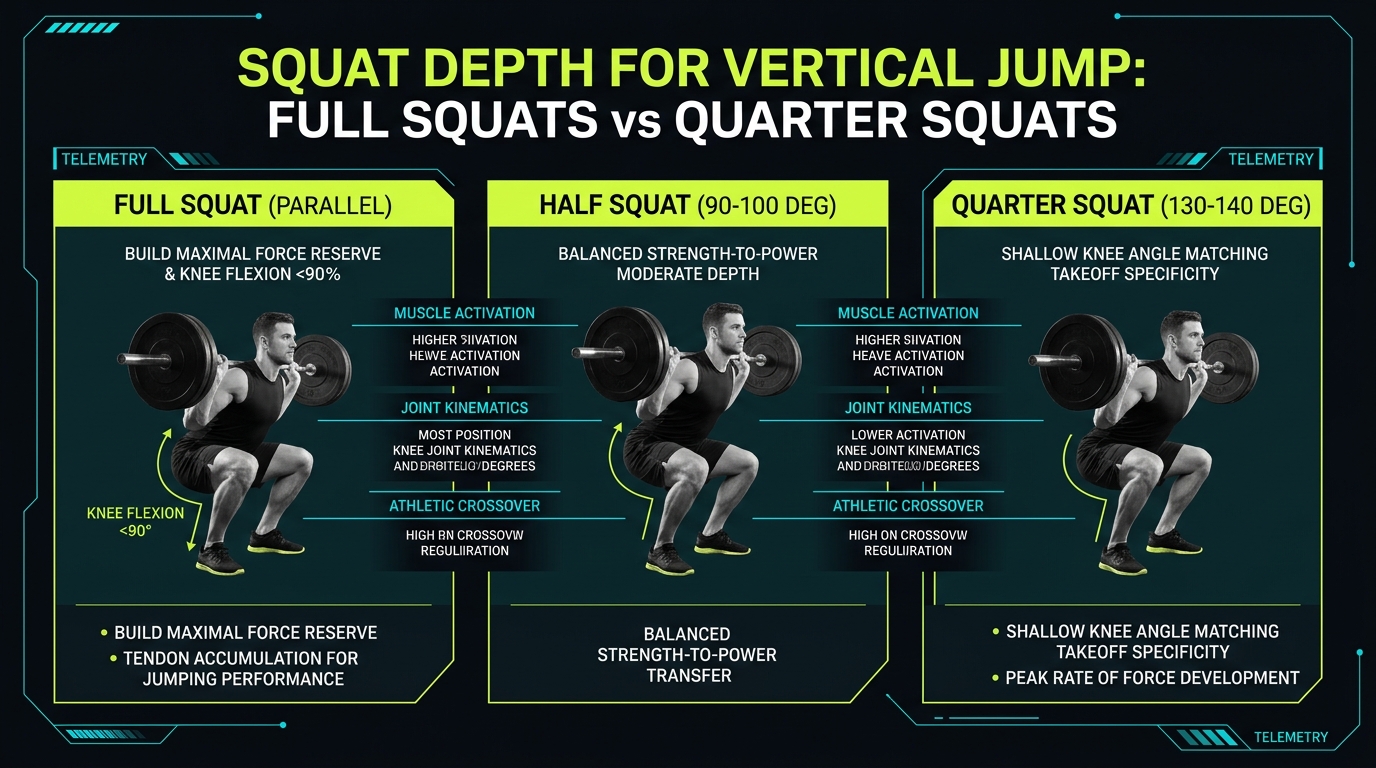 Squat depth for vertical jump comparison chart: full squats for maximal force reserve and tendon accumulation versus quarter squats for takeoff angle specificity and peak RFD