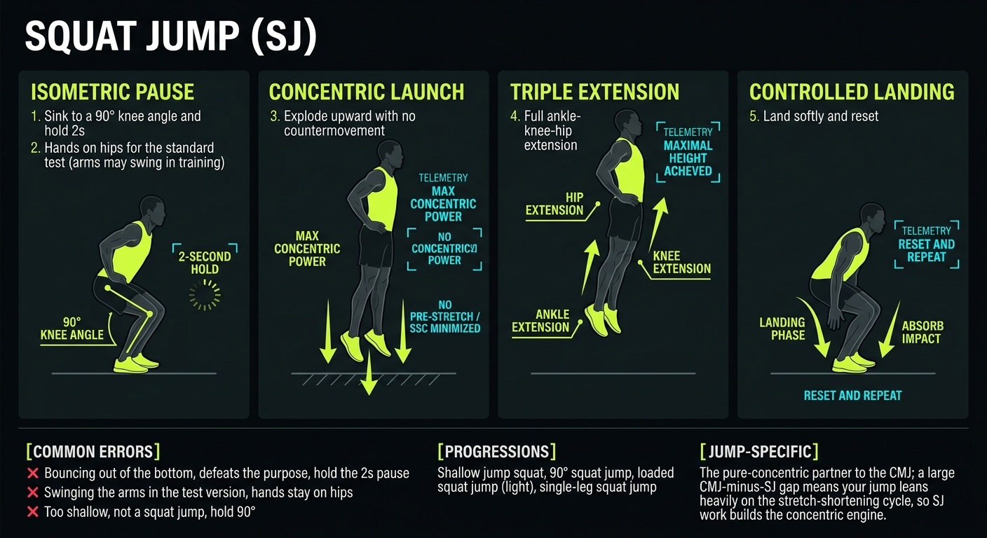 Squat Jump (SJ) 4-step technique breakdown: setup, execution, peak extension, and recovery for vertical jump training