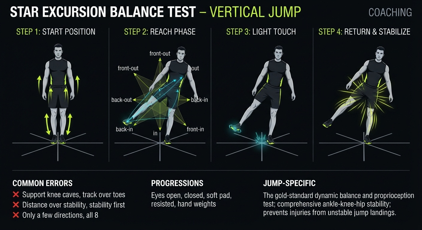 Star Excursion Balance 4-step technique breakdown: setup, execution, peak extension, and recovery for vertical jump training