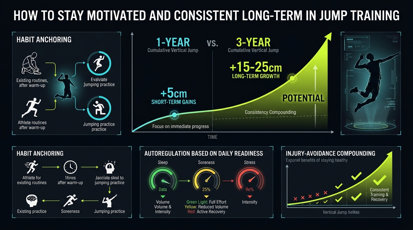 Long-term jump training consistency and compound progression curve infographic: 1-year versus 3-year adaptation trajectories and daily habit architecture