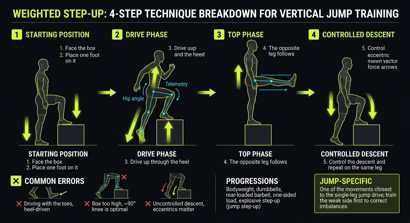 Weighted Step-Up 4-step technique breakdown: starting position, drive phase, top phase, and controlled descent for vertical jump training