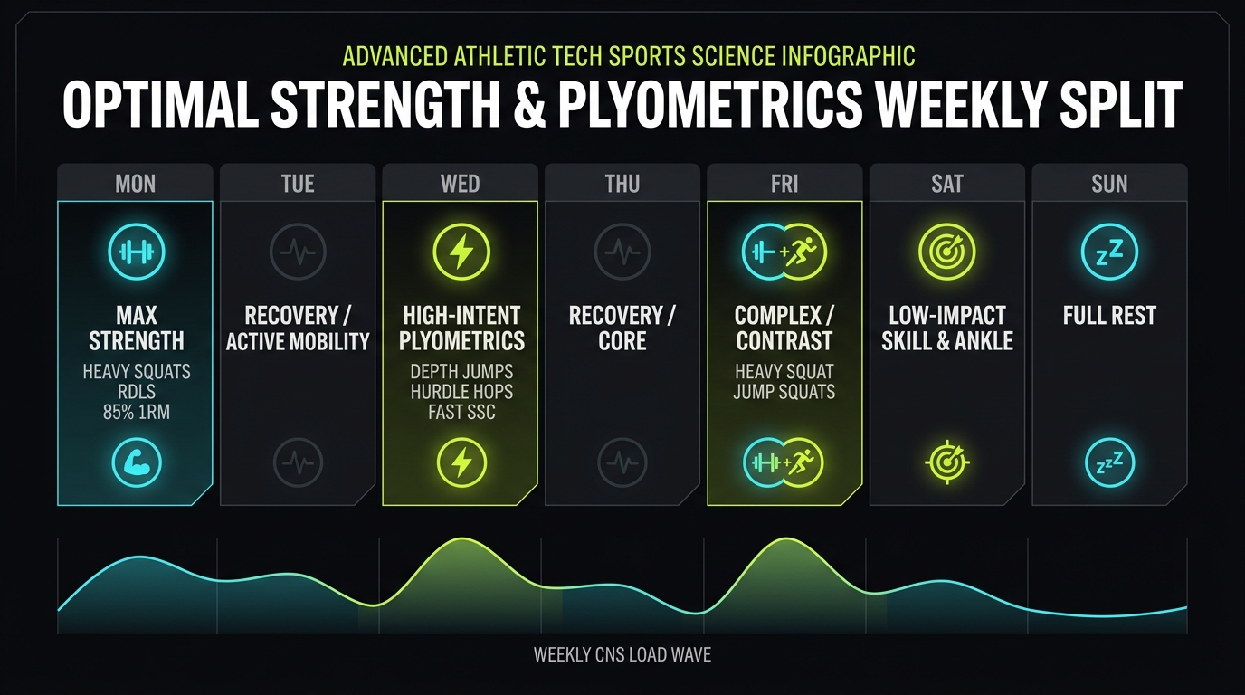 Weekly concurrent strength and plyometrics training split architecture: 7-day schedule with CNS load distribution wave
