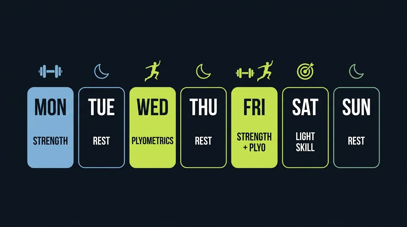Weekly strength and plyometrics training split chart, strength days in blue and plyometric days in lime green