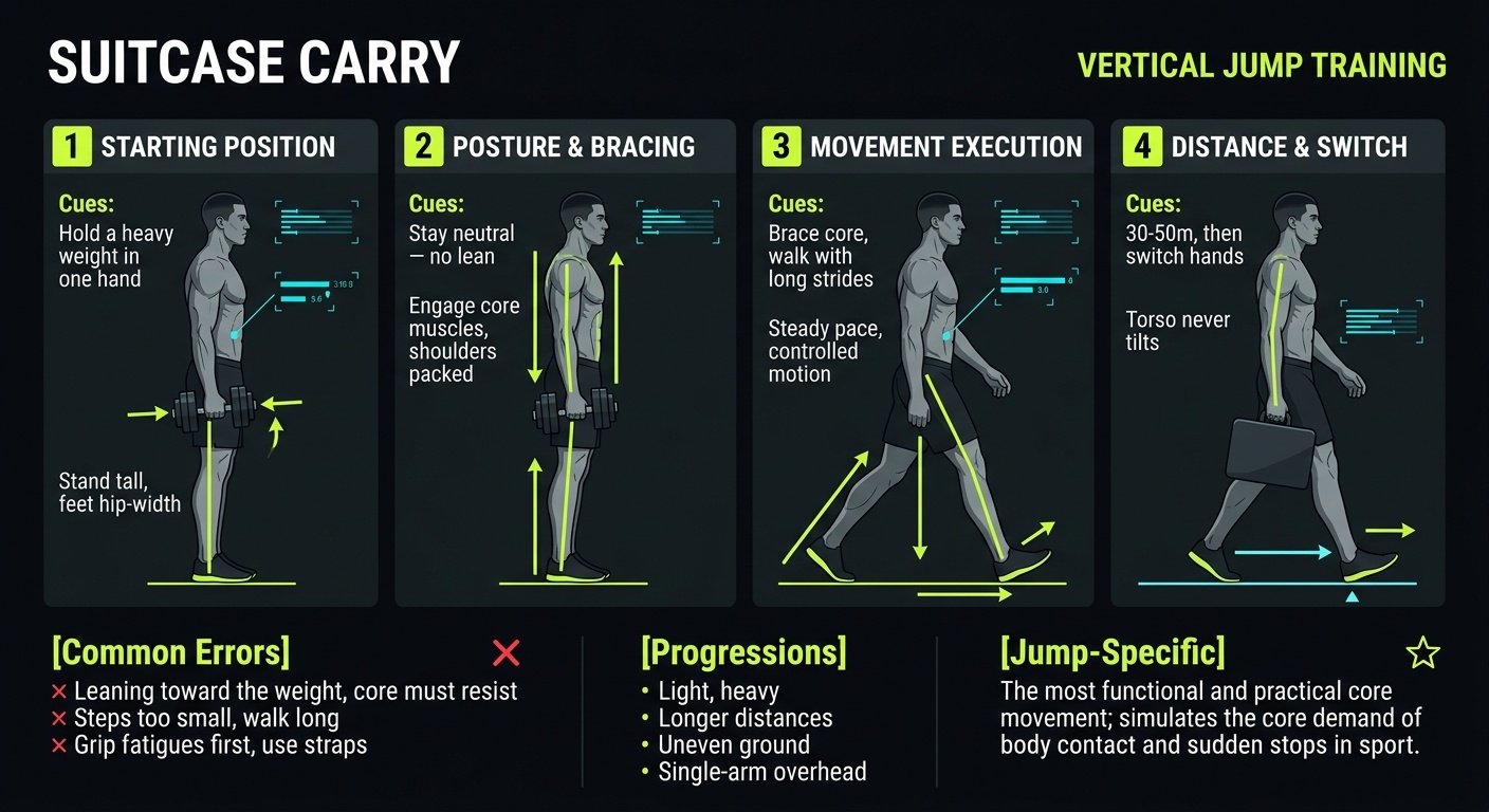 Suitcase Carry 4-step technique breakdown: setup, execution, peak extension, and recovery for vertical jump training