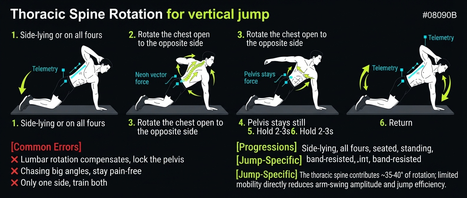 Thoracic Spine Rotation 4-step technique breakdown: setup, execution, peak extension, and recovery for vertical jump training