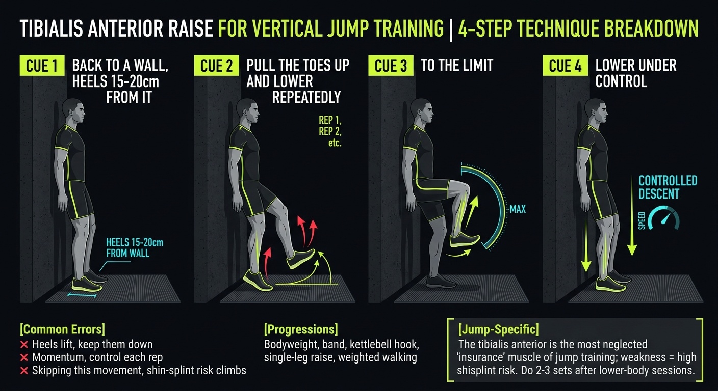 Tibialis Anterior Raise 4-step technique breakdown: setup, execution, peak extension, and recovery for vertical jump training