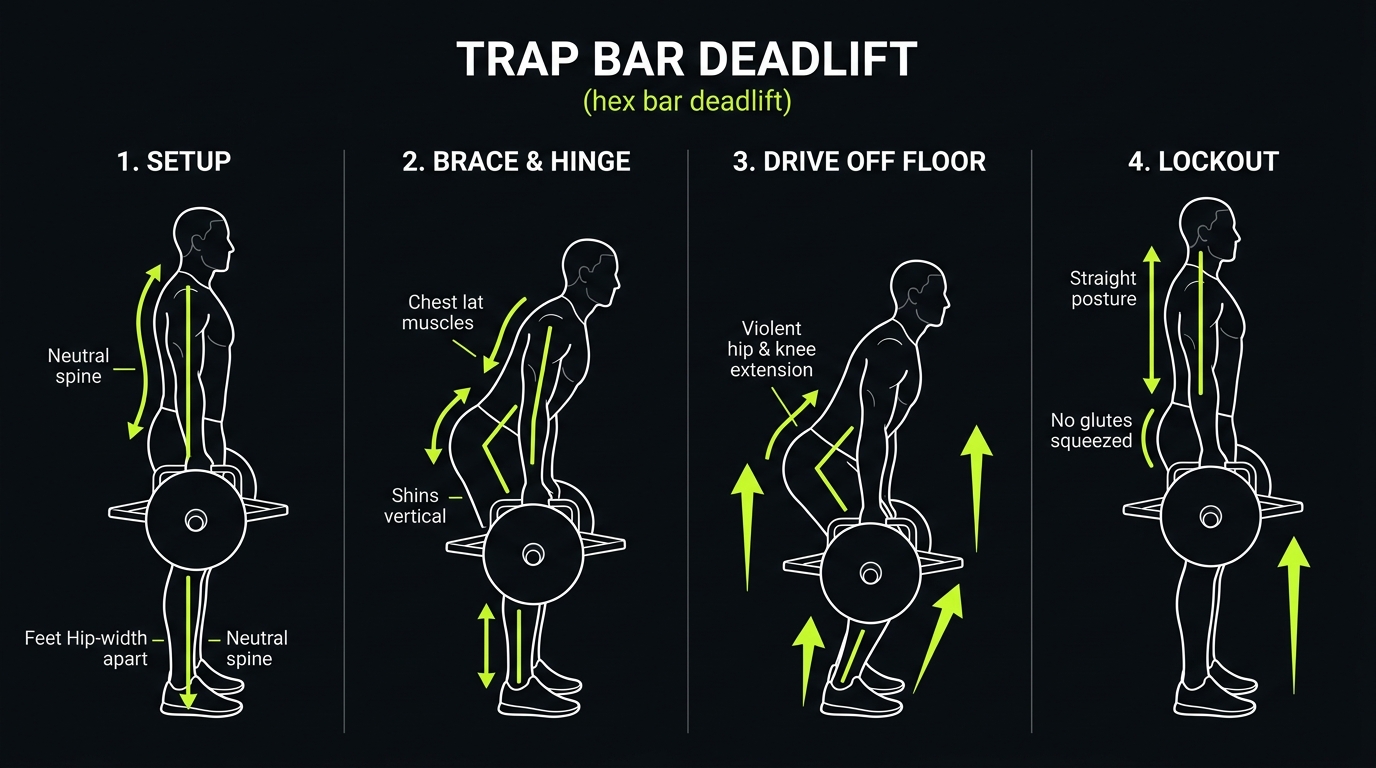 Trap bar deadlift execution breakdown: neutral spine setup, hinge and brace, violent leg drive, and upright lockout