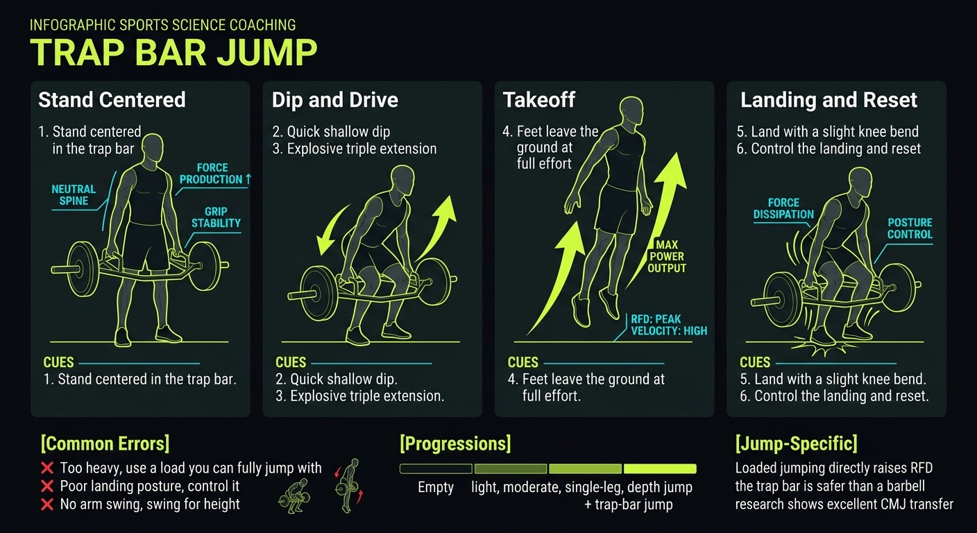 Trap Bar Jump 4-step technique breakdown: setup, execution, peak extension, and recovery for vertical jump training