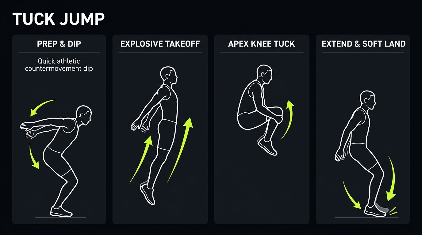 Tuck jump technique breakdown: countermovement prep dip, explosive takeoff, apex double knee tuck to chest, and soft landing reset