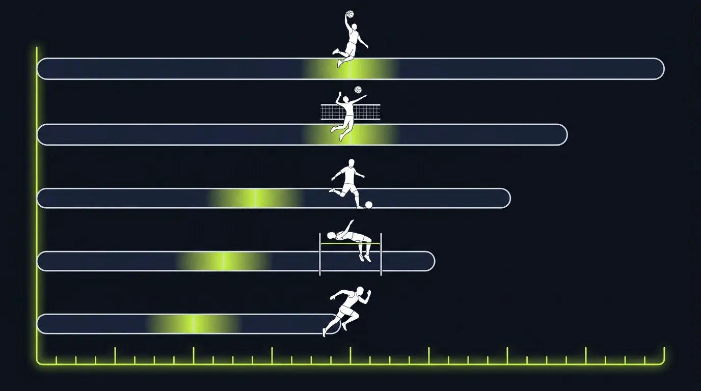 Vertical jump percentile norms by sport, horizontal bars with the 50th percentile highlighted in lime green