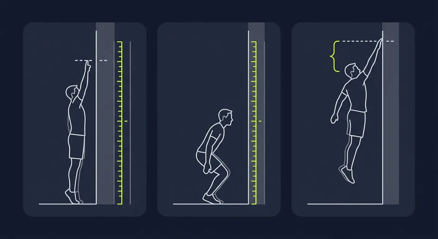 Three-step wall-and-chalk vertical jump measurement diagram: standing reach, dip, and airborne reach against a dark gym wall