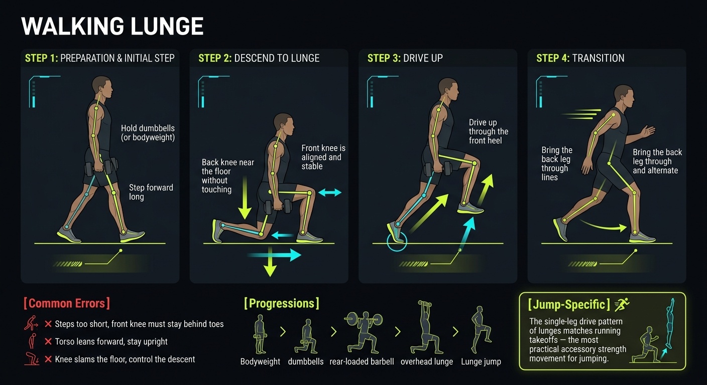 Walking Lunge 4-step technique breakdown: preparation, descend, drive up, and transition for vertical jump training