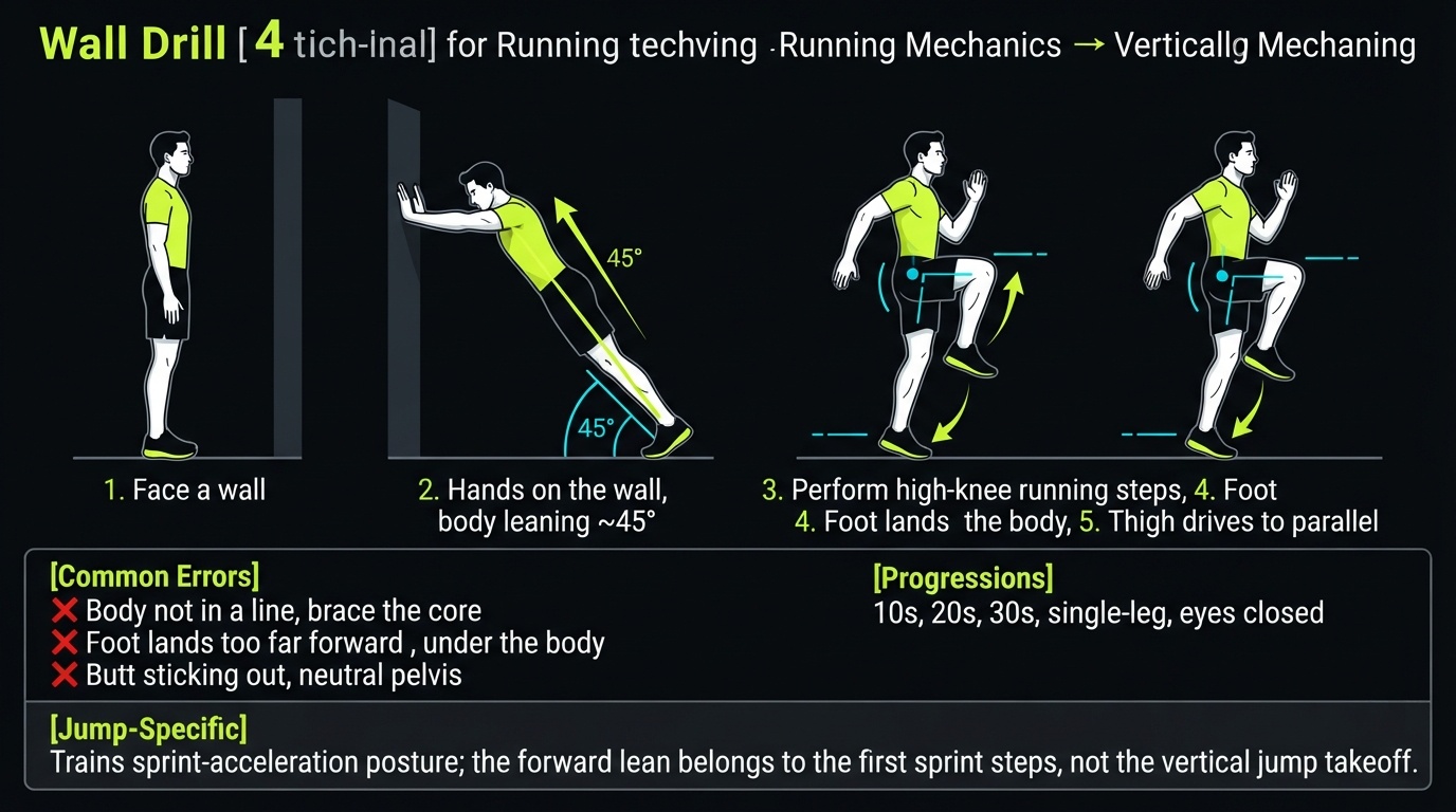 Wall Drill (Running Mechanics) 4-step technique breakdown: setup, execution, peak extension, and recovery for vertical jump training