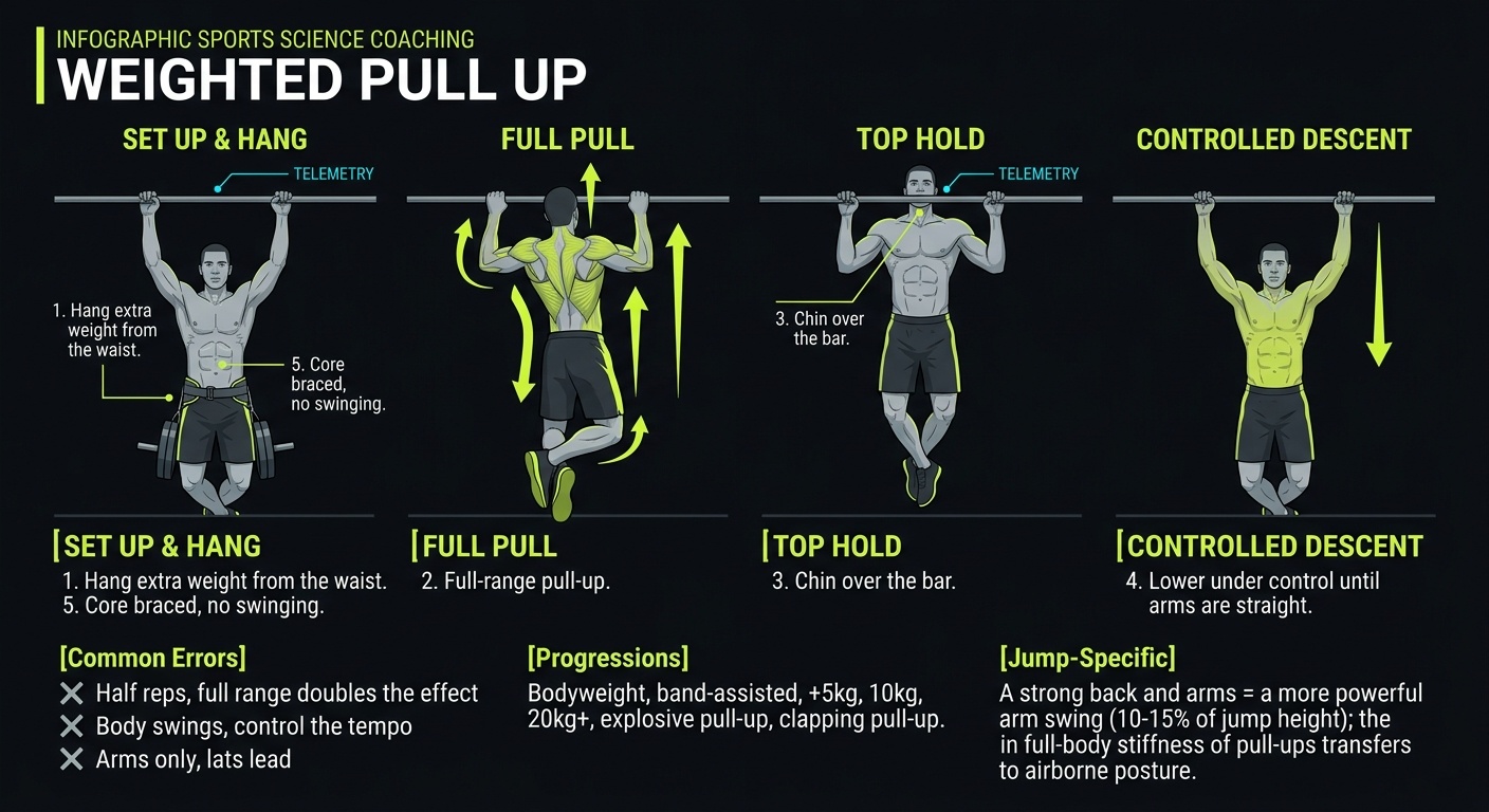 Weighted Pull Up 4-step technique breakdown: setup, execution, peak extension, and recovery for vertical jump training