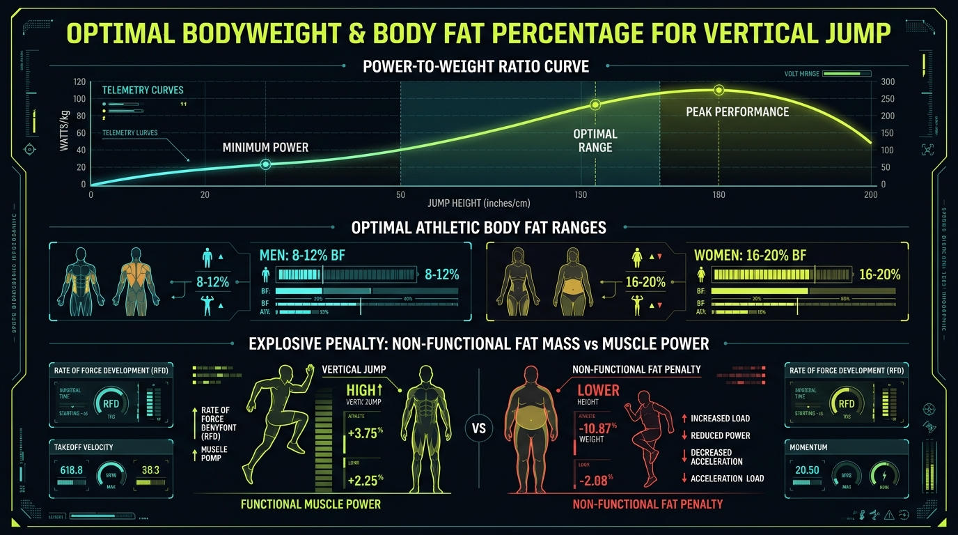 Optimal bodyweight and body fat percentage for vertical jumping: power-to-weight ratio in Watts/kg, fat mass inertia penalty, and muscle preservation guidelines