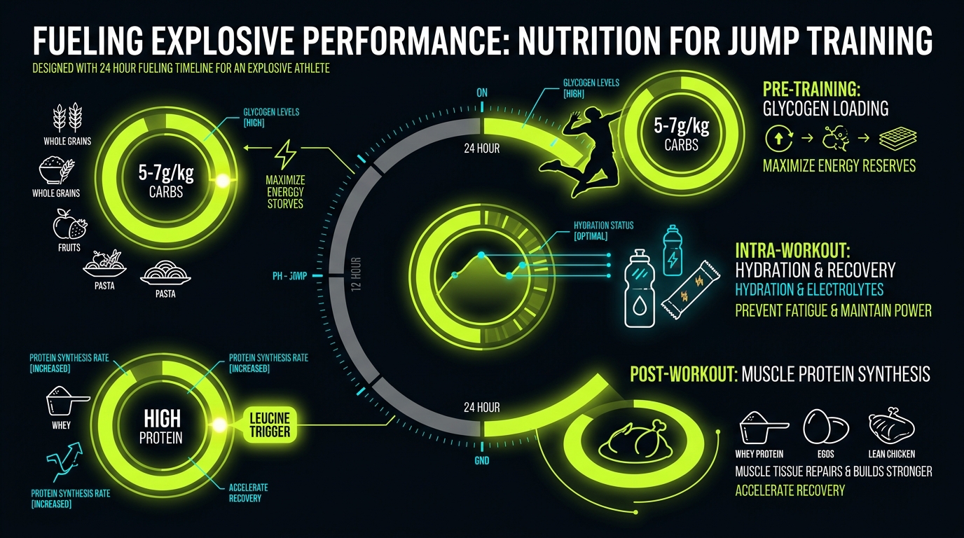 Nutrition fueling timeline for vertical jump training: carbohydrate glycogen resynthesis, leucine protein synthesis trigger, and hydration protocols