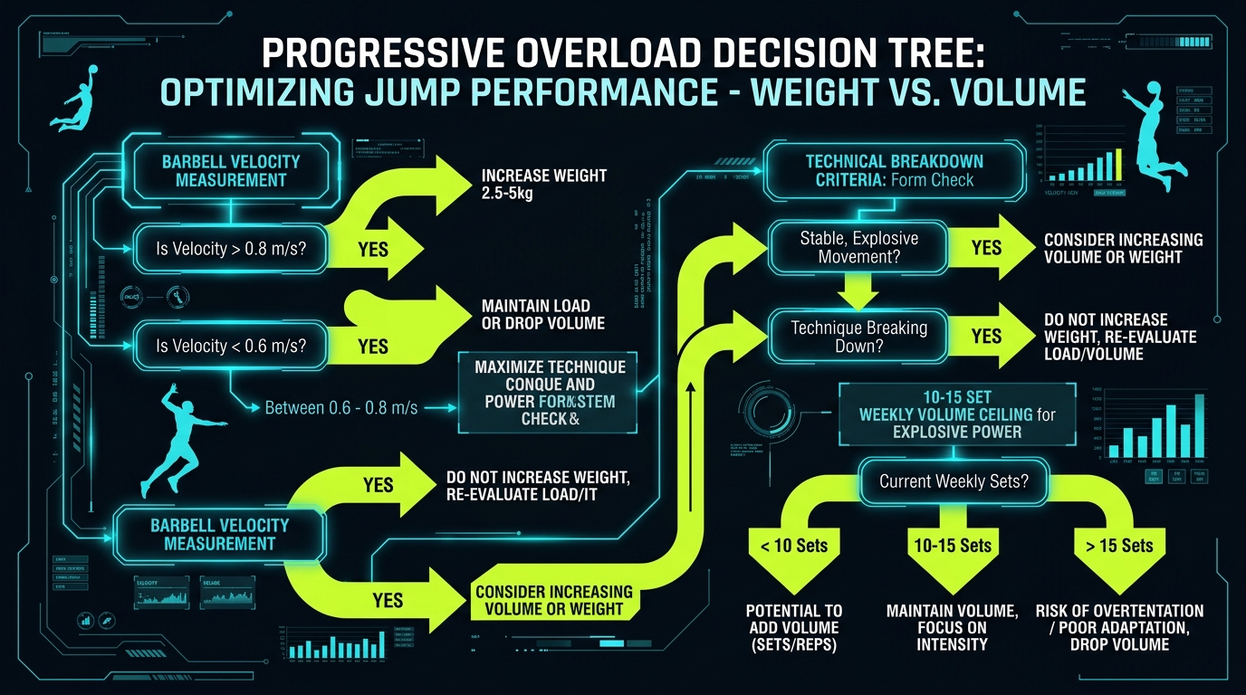 Progressive overload decision tree for vertical jump training: velocity thresholds, load progression rules, and weekly volume caps for explosive power