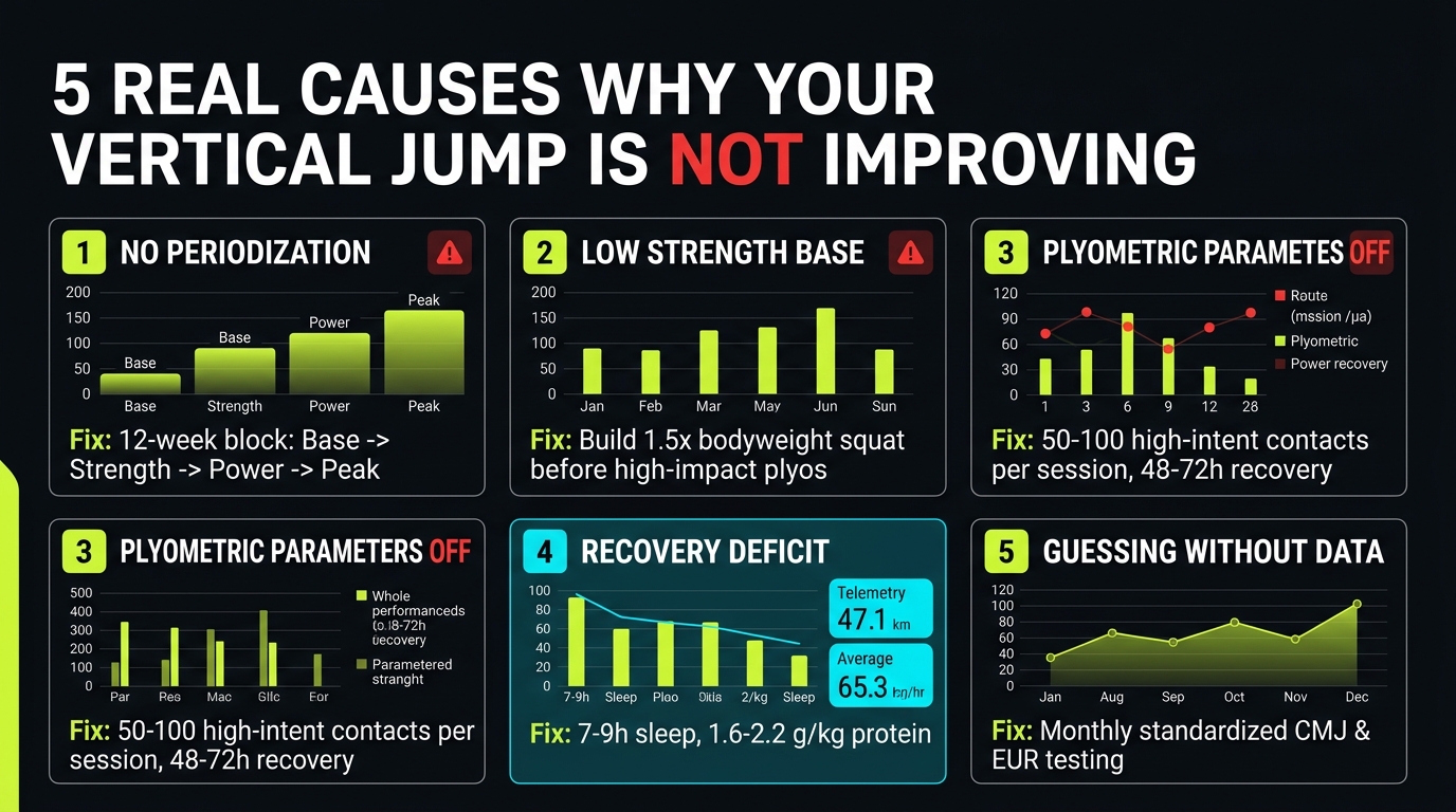 Five real causes why your vertical jump is not improving infographic covering periodization, strength base, plyometric dosage, recovery deficit, and objective testing