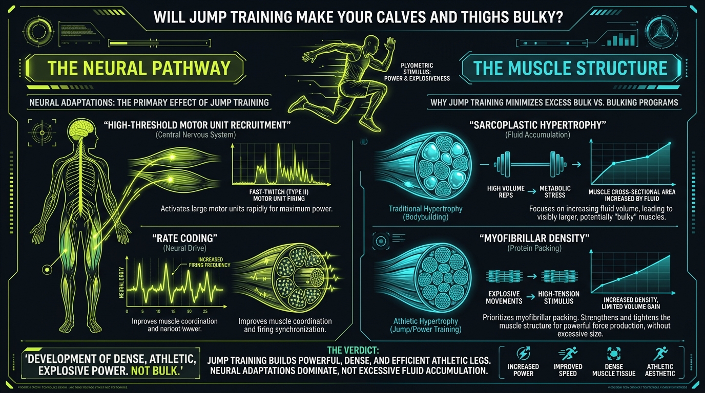 Neural versus muscular hypertrophy adaptations in jump training infographic: high-threshold motor unit recruitment, myofibrillar density, and power-to-mass optimization