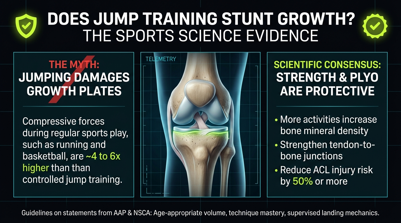 Pediatric sports science infographic on youth jump training safety: epiphyseal growth plate mechanics, bone mineral density stimulation, and supervised resistance training guidelines