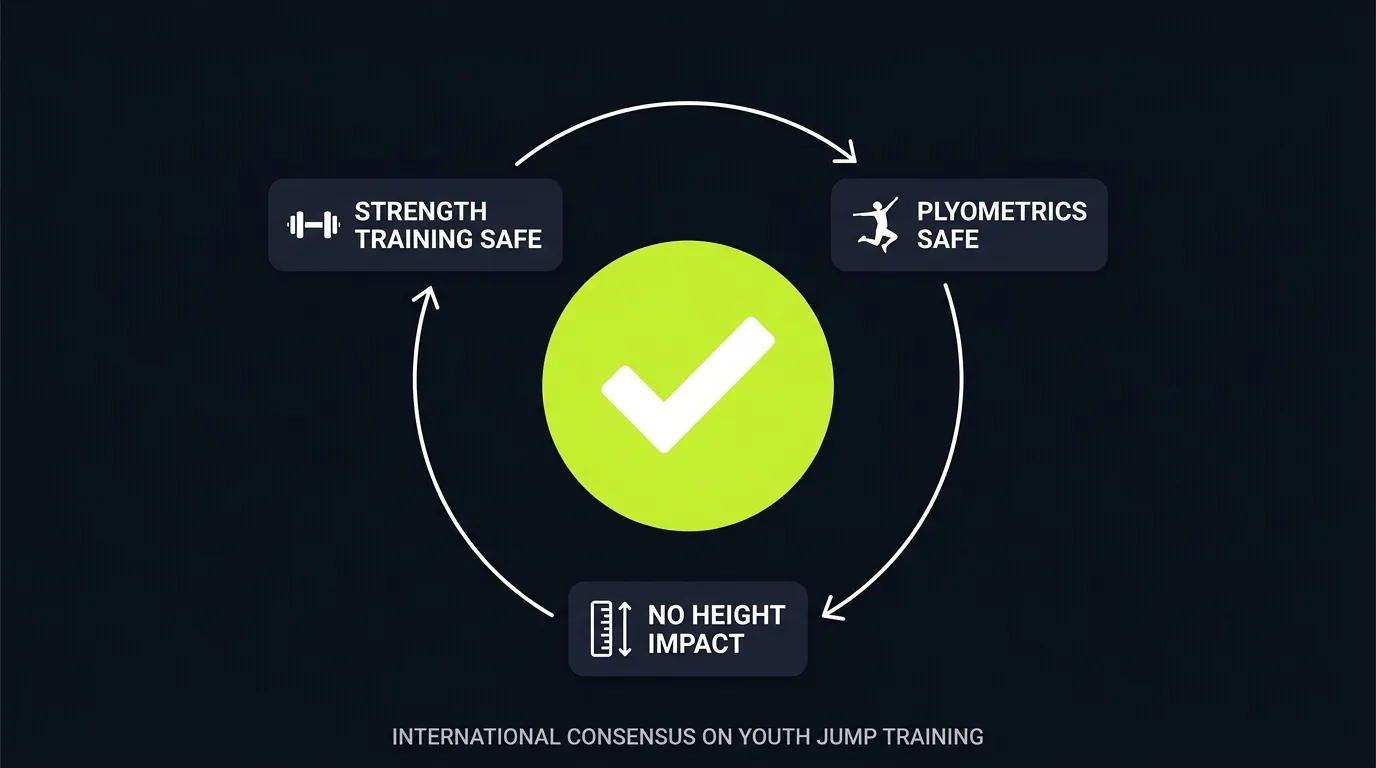 Youth jump training safety infographic with checkmarks for strength training, plyometrics and no height impact